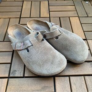 Taupe Suede Birkenstock Clogs with Buckle
